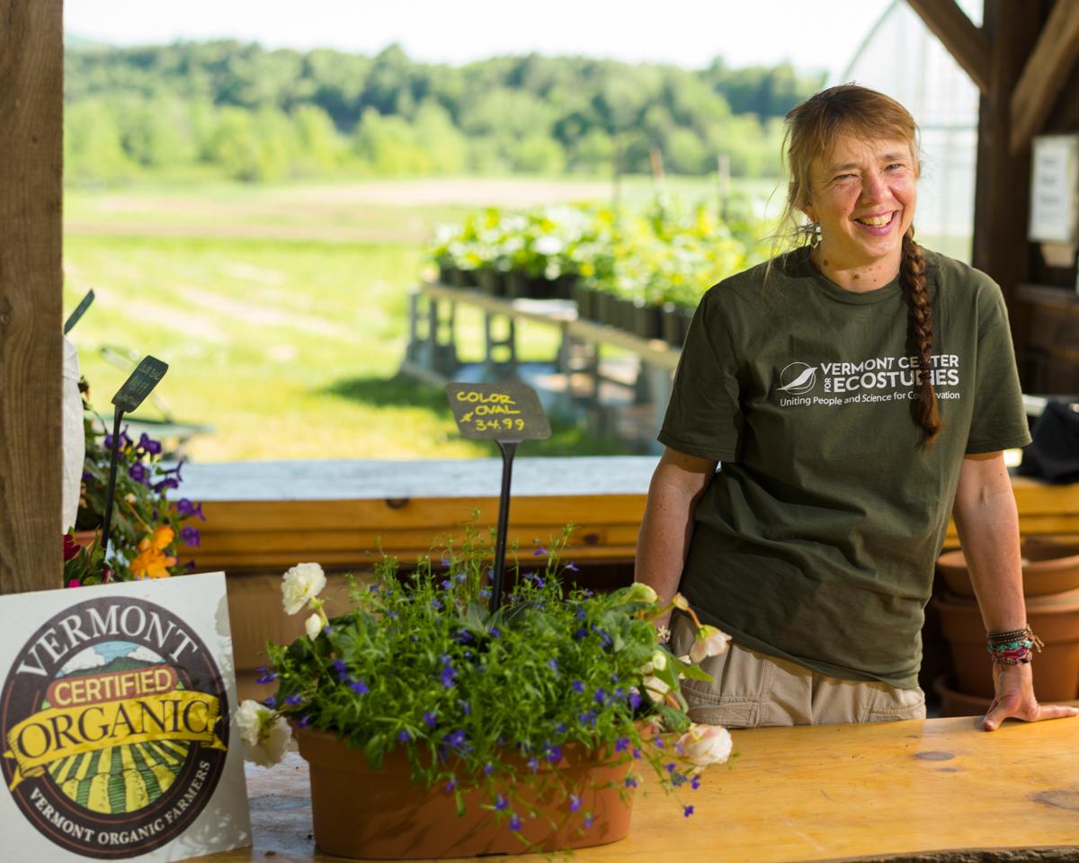 A person stands behind a farm stand counter next to a sign showing the organic seal.