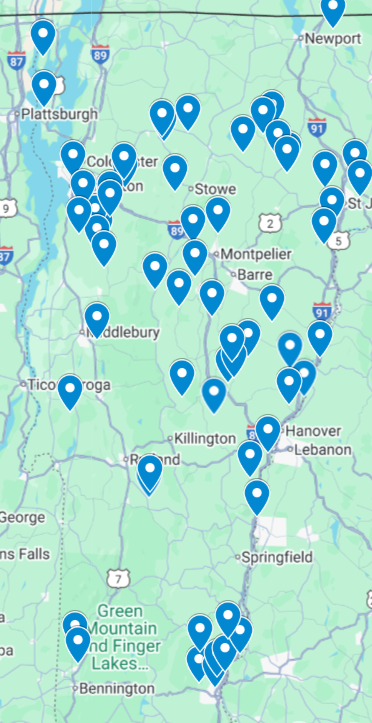 A map with blue markers indicating the number of farms participating in NOFA-VT's Farm Share program
