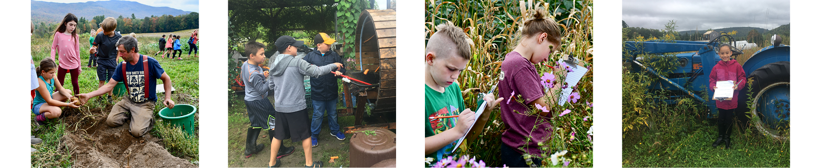 Collage of images of elementary kids exploring a farm and taking notes
