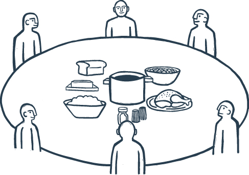 graphic depicting a group of people sitting around a table with food in the center