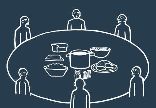 graphic depicting a group of people sitting around a table with food in the center