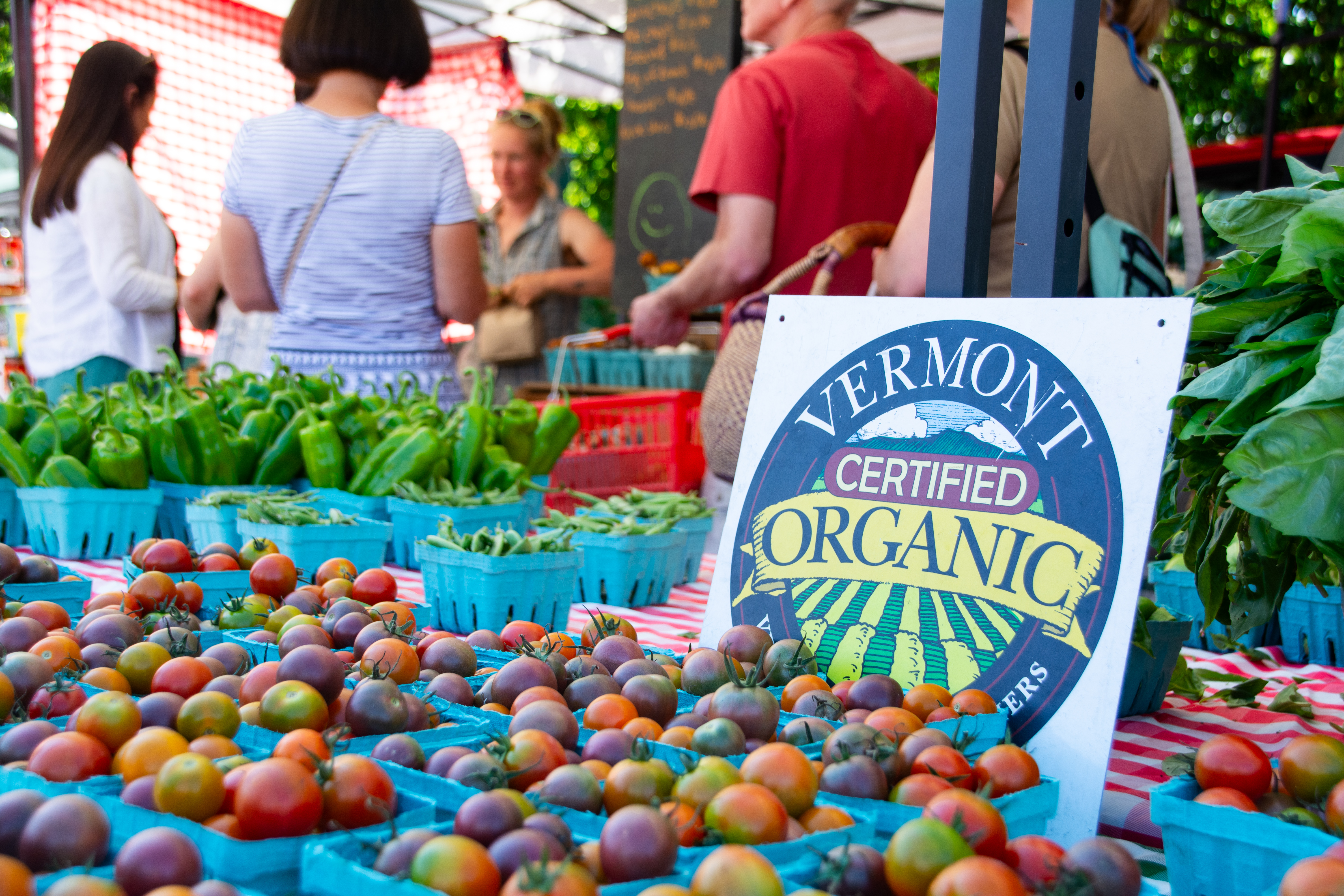 A farmers market stand well stocked with colorful cherry tomatoes, peppers, and basil, and a prominently displayed Vermont Certified Organic seal