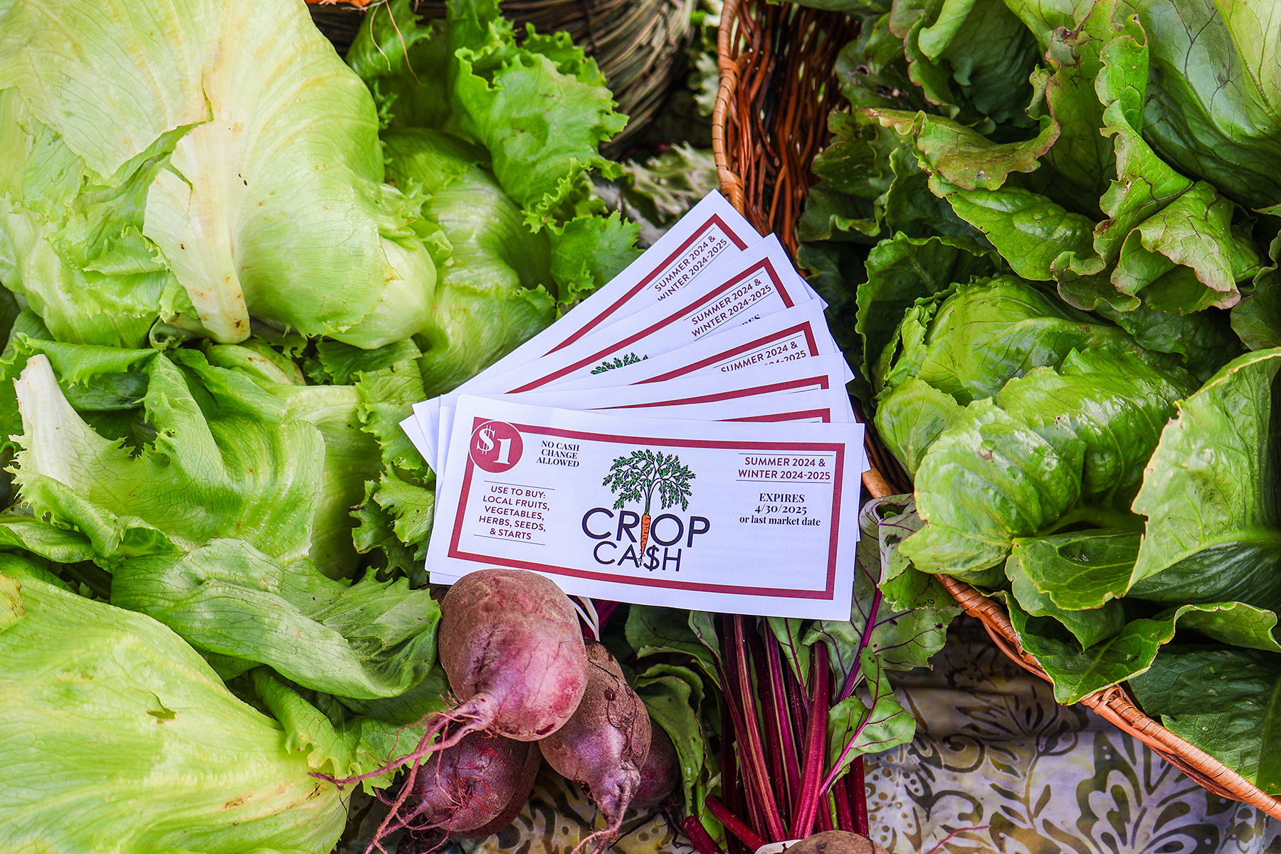 Crop Cash coupons fanned out over a colorful array of produce at a farmers market display