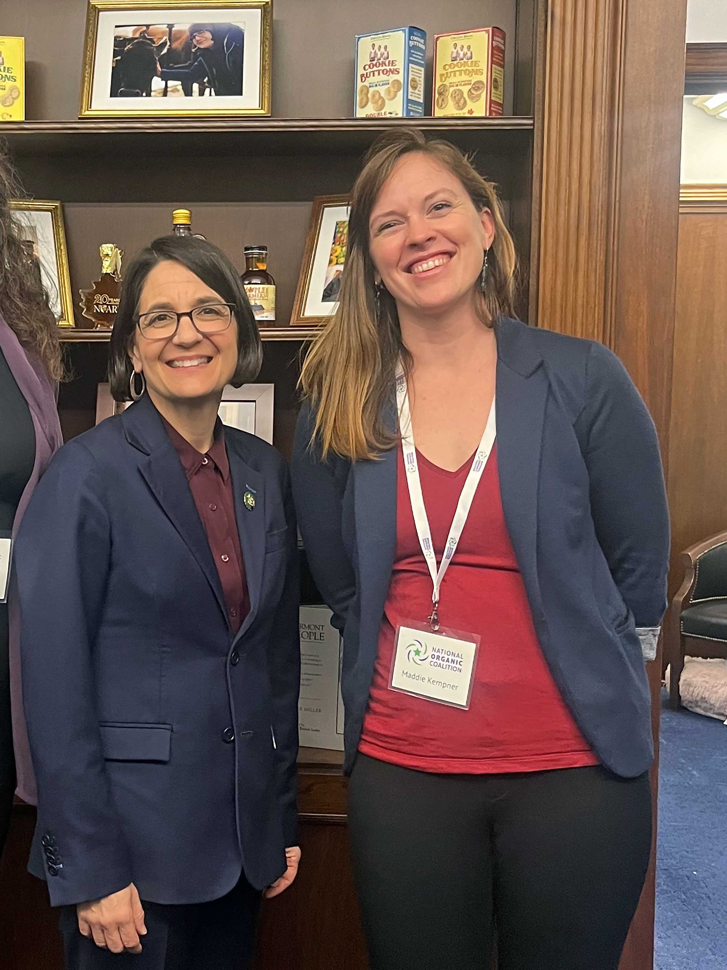 Representative Becca Balint stands smiling with NOFA-VT Policy & Organizing Director Maddie Kempner during a DC Fly-In event