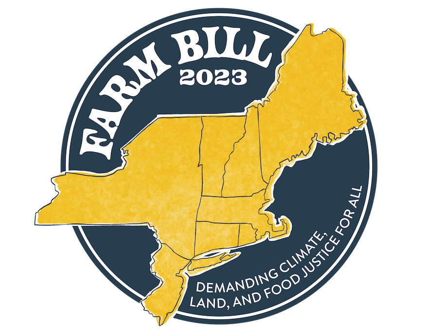 Emblem that reads: Farm Bill 2023, Demanding Climate, Land and Food Justice for All!