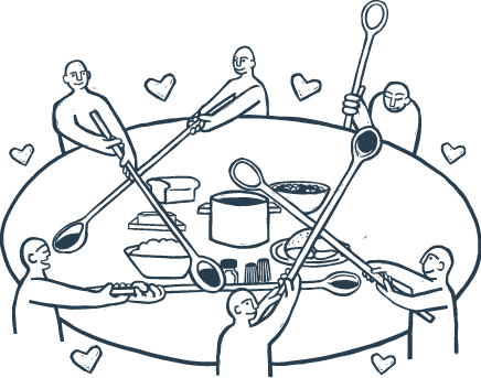 graphic depicting a group of people sitting around a table with food in the center easily feeding each other with their long spoons