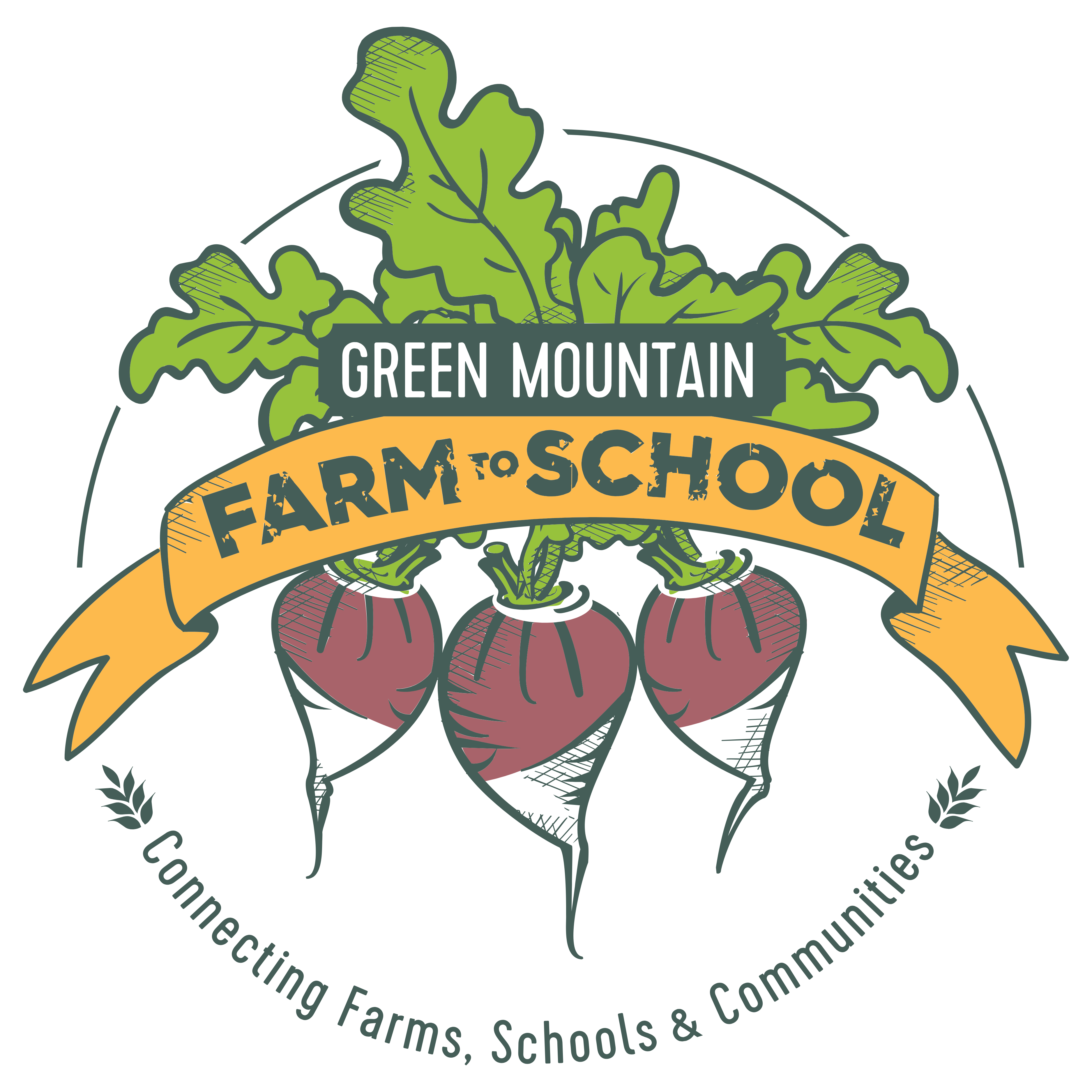 Green Mountain Farm to School logo showing three radishes and a banner reading "Green Mountain Farm to School" with a tagline reading "Connecting Farms, Schools, and Communities"