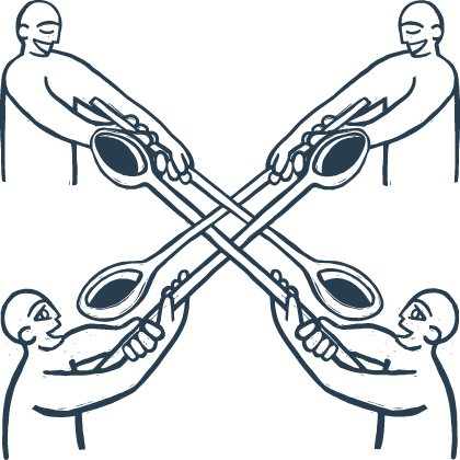 A graphic depicting four people smiling and crossing their long spoons to form an X through the center