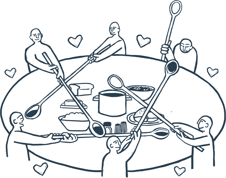 A drawing of people sitting around a circular table with food in the middle. They hold long-handled spoons, and they use the spoons to reach across the table and feed each other.