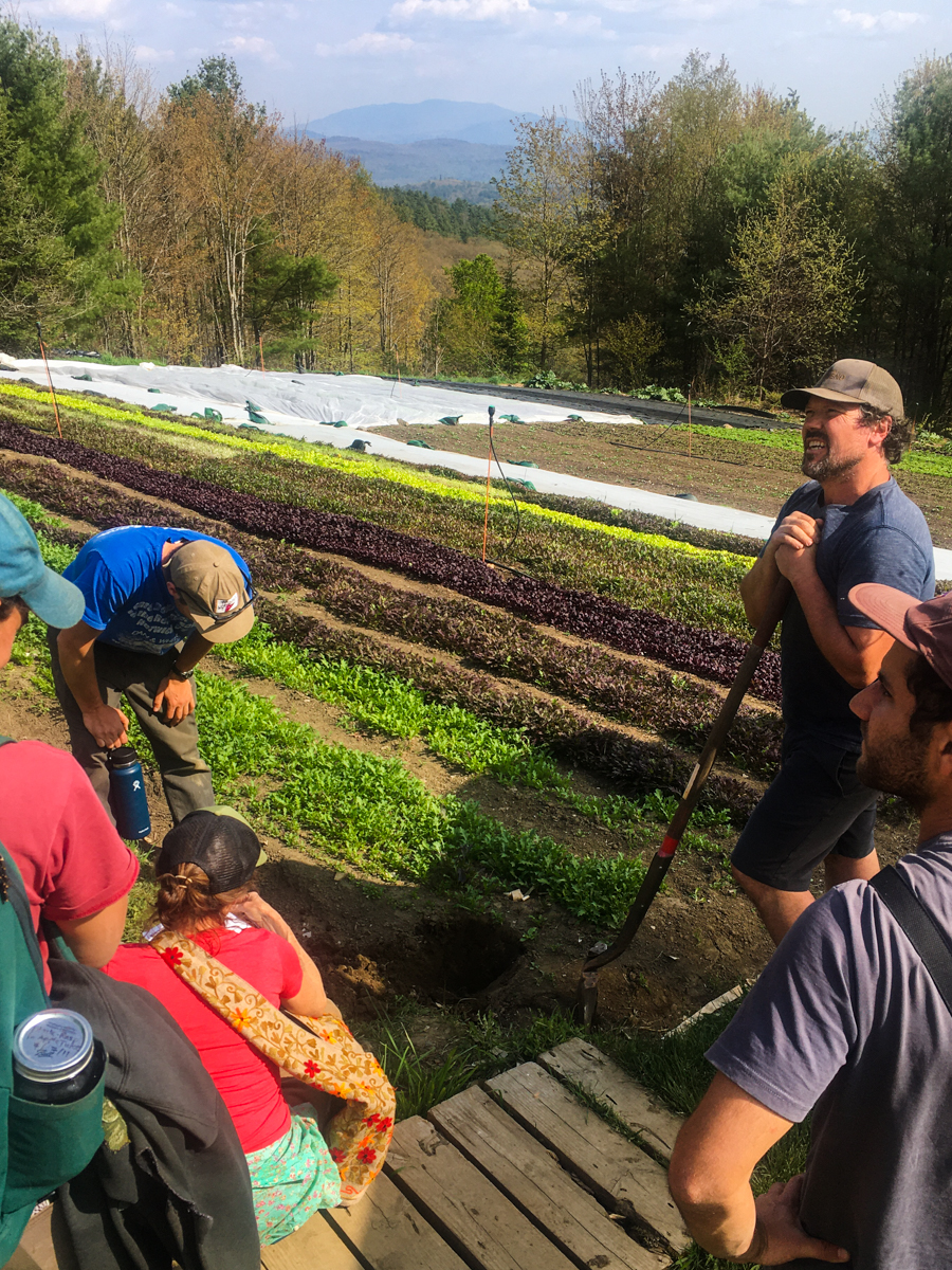 A few adults chat in a scenic farm field