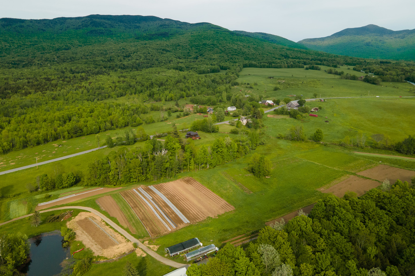 An aerial shot of Knee Deep Farm showing fields, buffers, trees, and several farm outbuildings