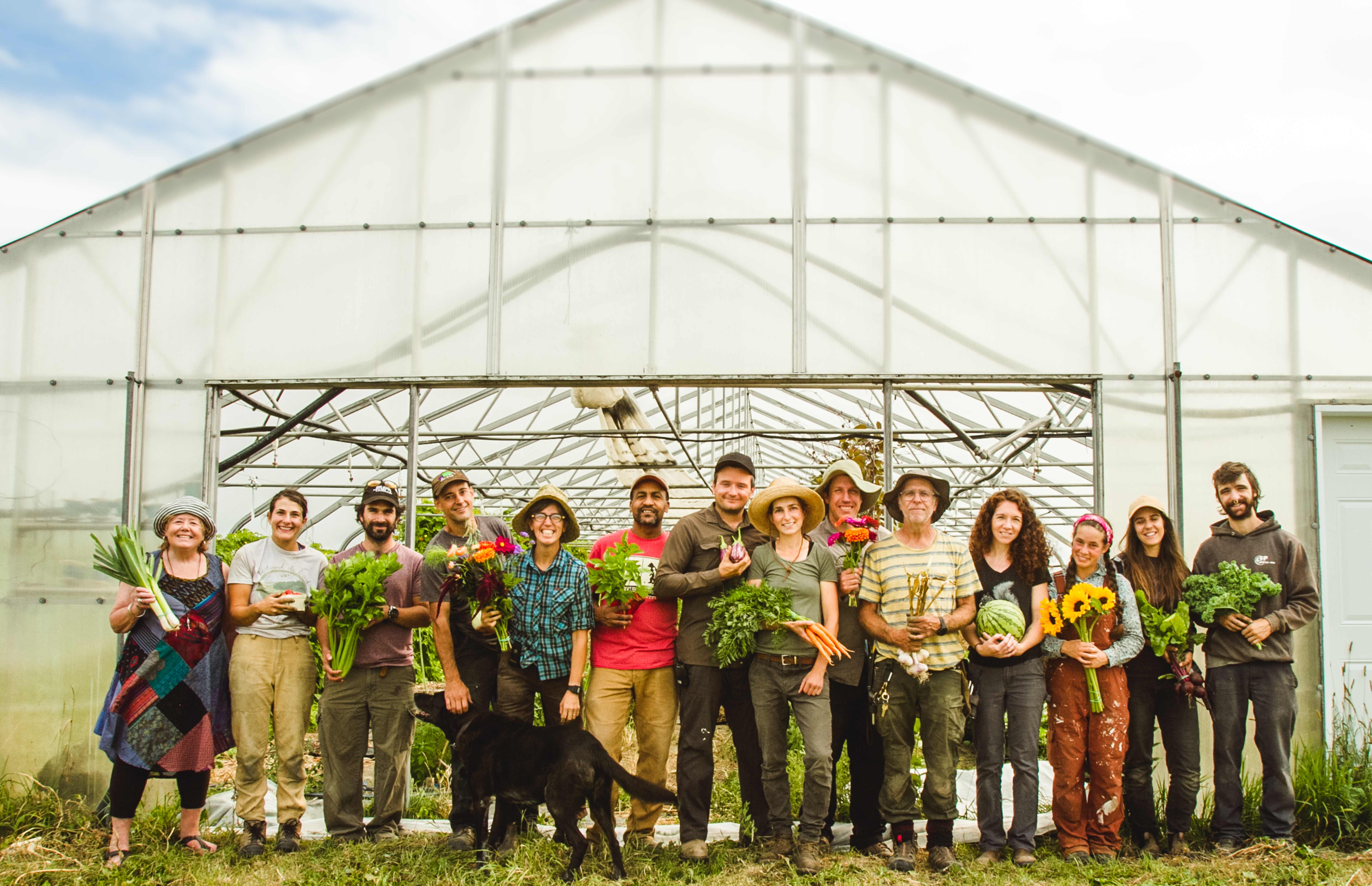Farmers from Tourne-Sol Farm in Quebec stand together smiling and holding bundles of veggies and fresh flowers in front of one of their greenhouses.