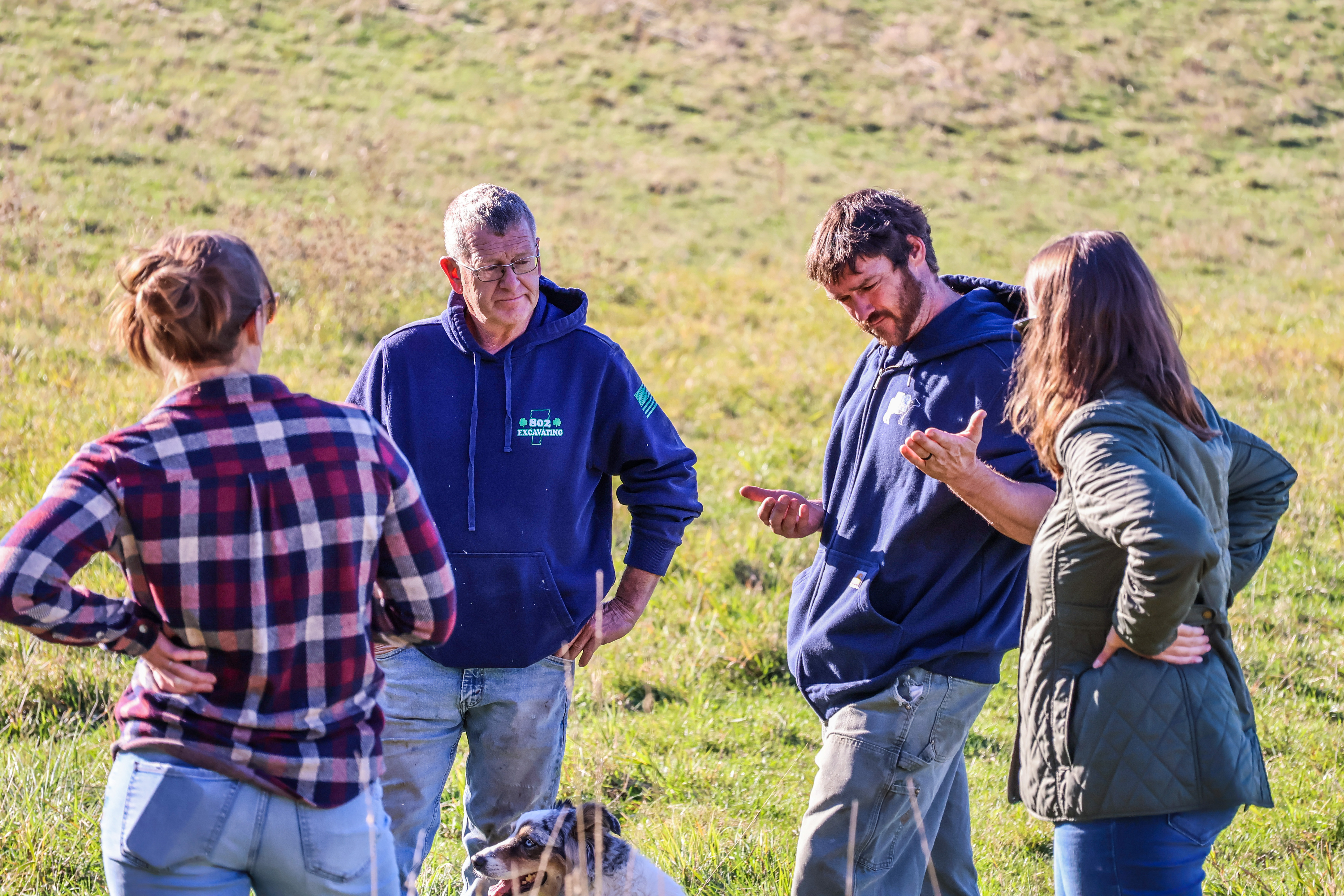 Jesse Wilbur chats with Senator Steve Heffernan, grazing specialist Carly Bass, and NOFA-VT Policy & Organizing Director Maddie Kempner about the conditions of his grazing pastures amid the drought