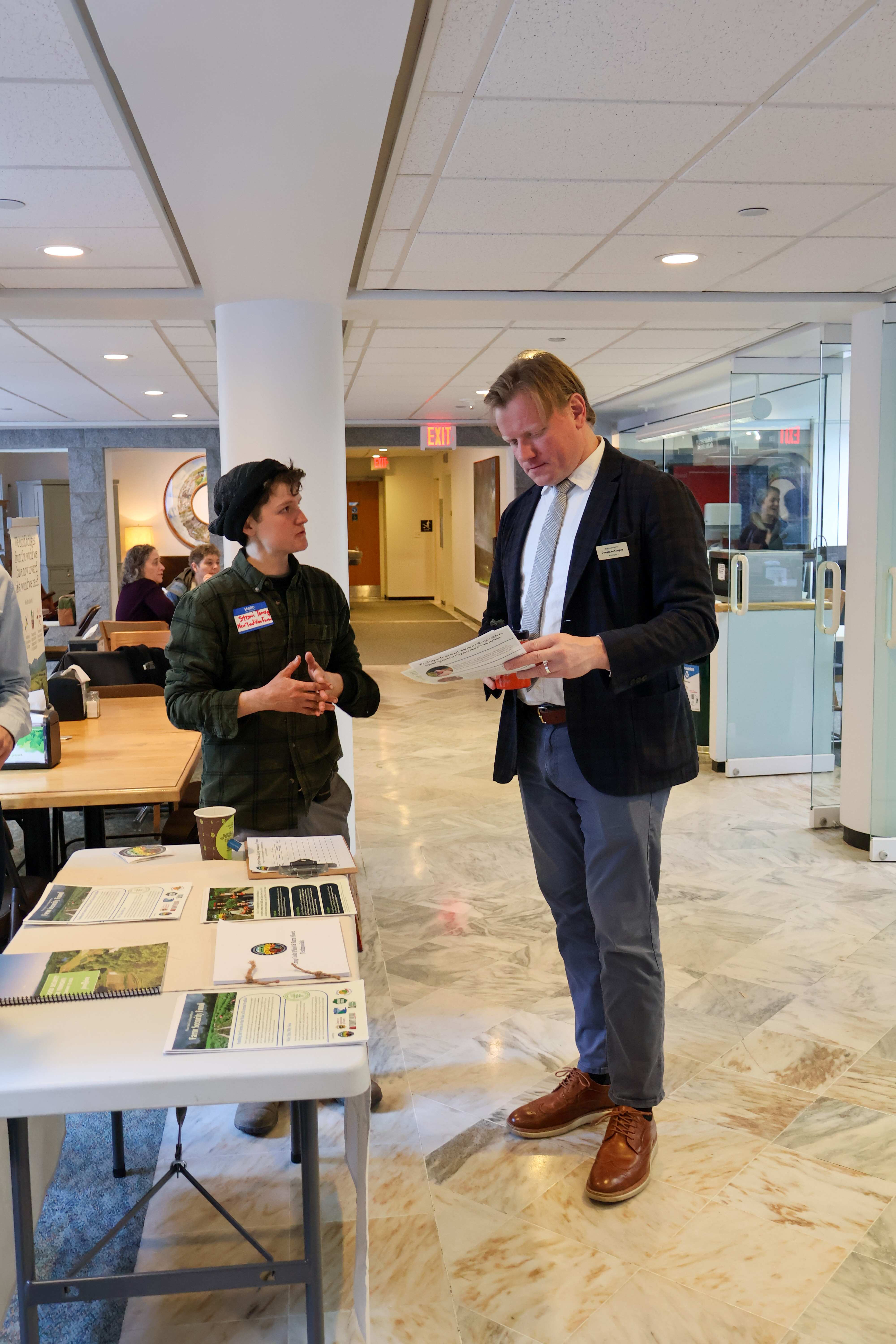 Stoni Tomson, NOFA-VT farmer-member from New Tradition Farm, speaks with legislators about the importance of the Farm Security Fund to their work growing food for their community 