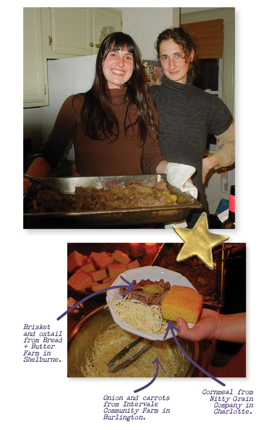 Collage of images. Image one shows two people holding out a tray of brisket, smiling. The second picture shows a hand holding a plate with brisket, cornbread, and slaw.