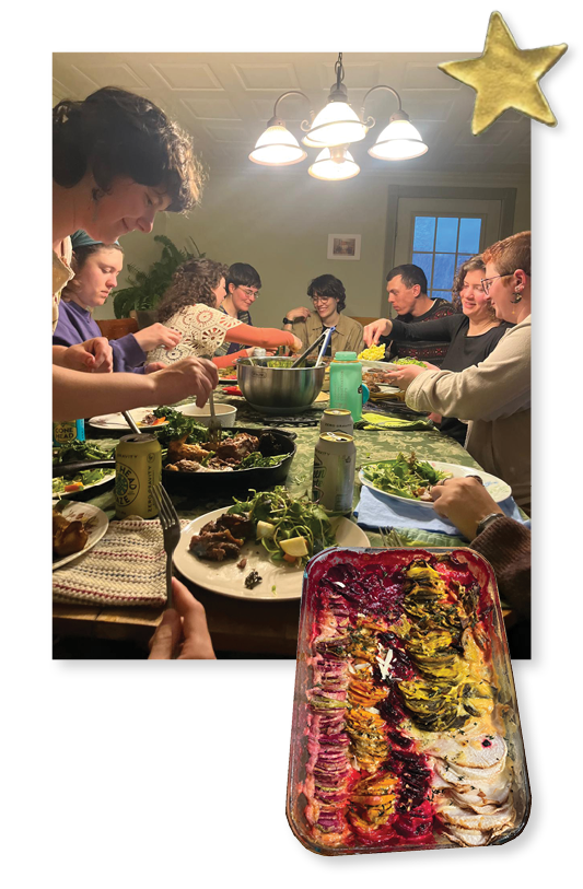 A collage of two pictures. The first shows people serving themselves food around a table. The second is of a colorful vegetable casserole.