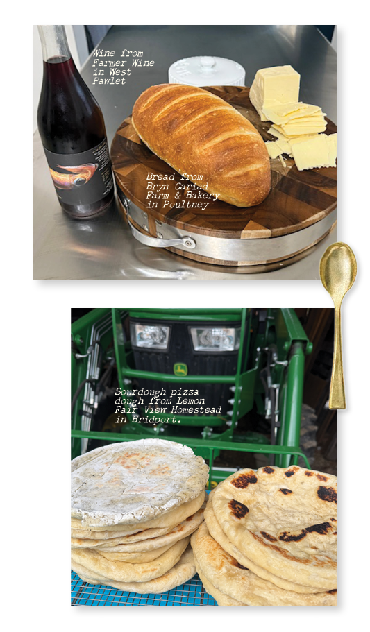 A spread of food, including wine, bread, cheese, and tortillas.