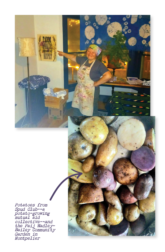 A collage of two photos. One photo shows someone pointing to a sign that says "farmworkers deserve respect" and smiling. The second photo is a close up on roasted potatoes.