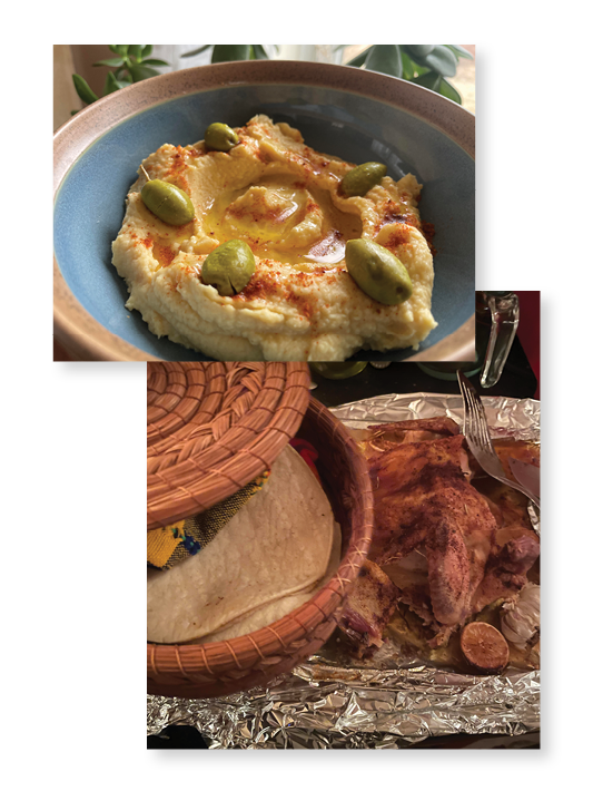 Hummus and a whole cooked chicken, plated for guests to serve themselves.