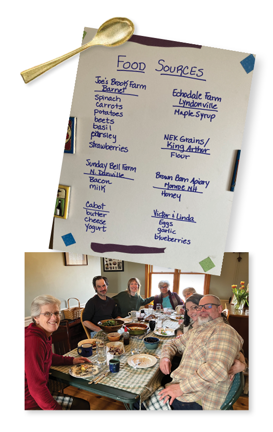 Seven people sit at a table, smiling. A second photo layered on top shows a menu of all the food and the local farms where the food was sourced.