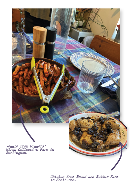 A collage of two pictures. The first picture is of a plate of cooked carrots, and the second picture is a plate of cooked chicken.