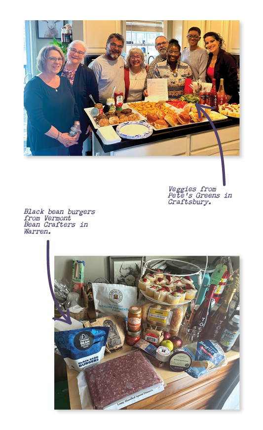A collage of two photos. One photo shows eight people smiling behind a spread of burgers and burger fixings, beverages, and cupcakes. The second photo is a close up on the burger ingredients.