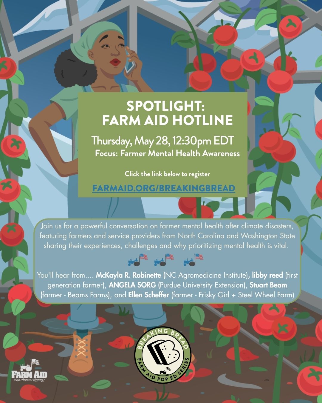 A poster for the above event, displaying a cartoon image of a female farmer appearing to make a phone call from inside her greenhouse filled with tomatoes.