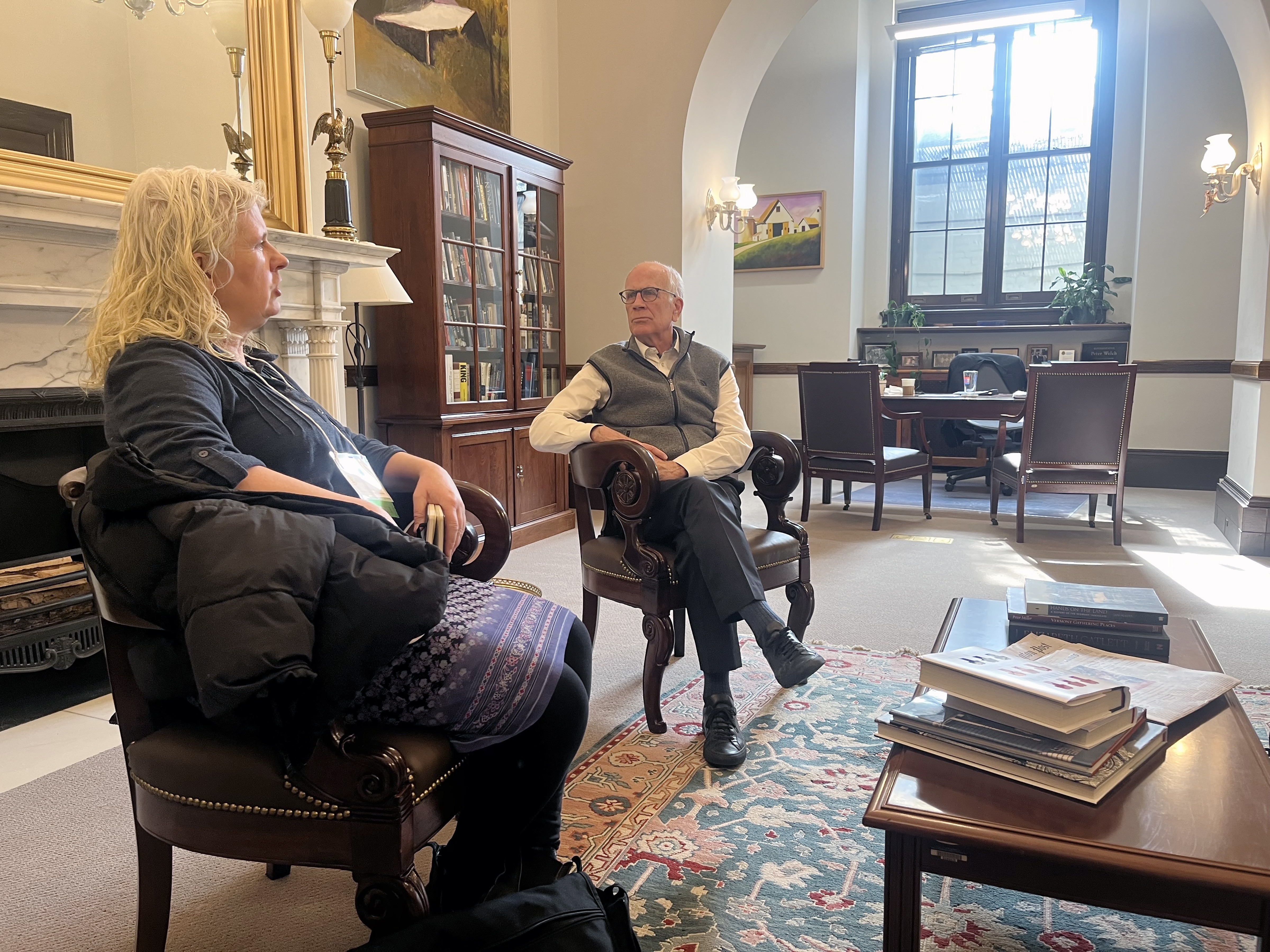 NOFA-VT farmer-member Margaret Loftus of Crossmolina Farm is pictured seated across from Senator Peter Welch as they have a conversation in his office in DC