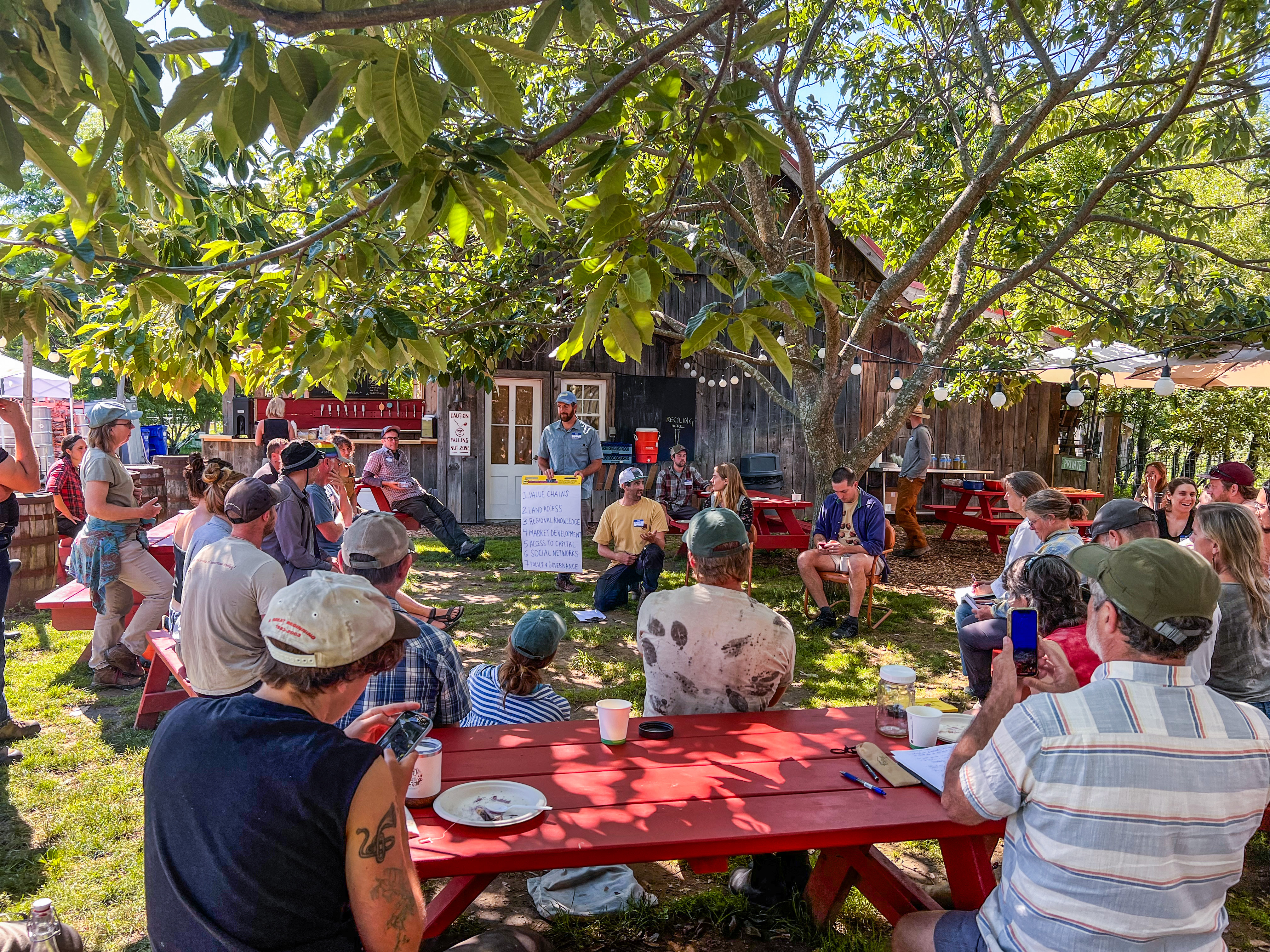 Participants from the regional agroforestry gathering are shown seated outdoors gathered around a flip chart while a presenter speaks to the group