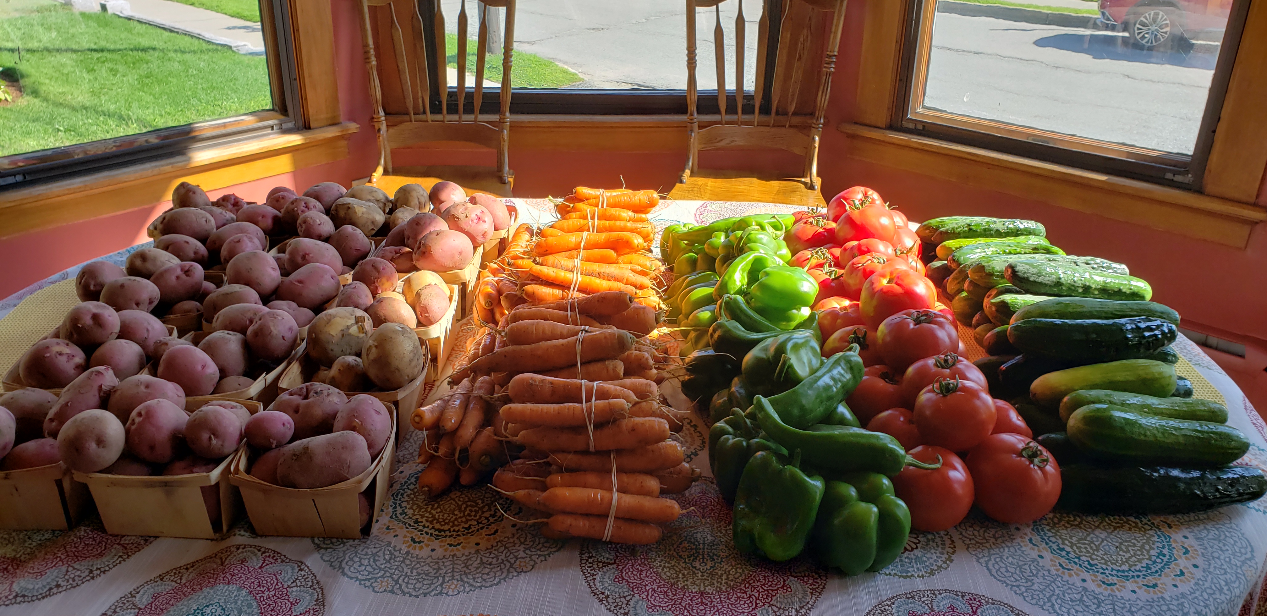 A selection of veggies, including red potatoes, carrots, bell peppers, tomatoes, and cucumbers, laid out on a table in a senior residential center awaiting selection by Senior Farm Share Program participants