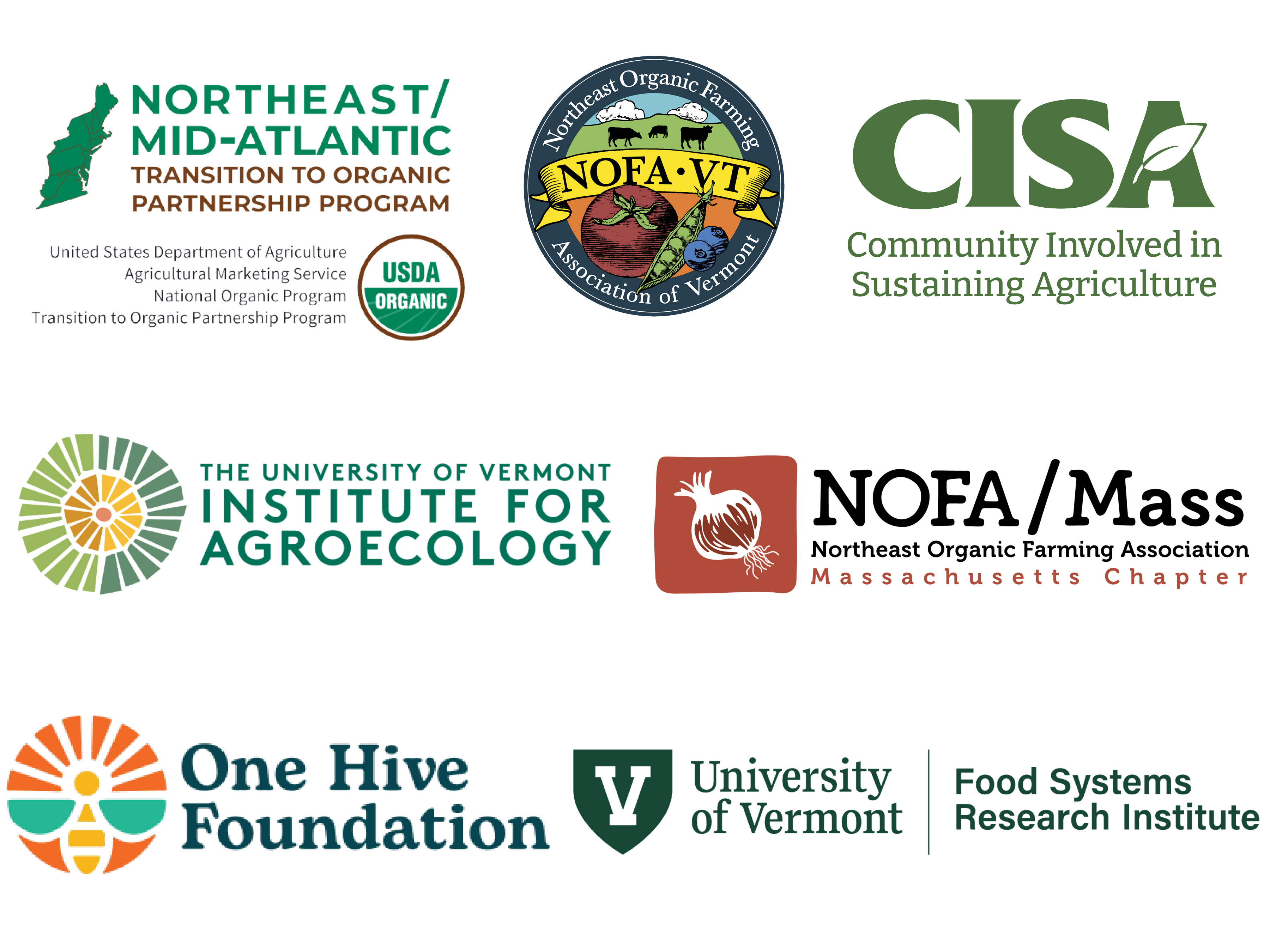 A panel with six logos of the sponsoring organizations: USDA TOPP, NOFA-VT, Institute for Agroecology, NOFA Mass, One Hive Foundation, and the UVM Food Systems Research Institute