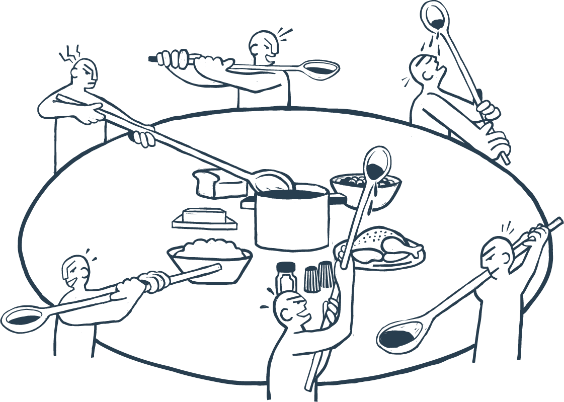 Drawing of people at a round table, trying to eat food in the center of the table using long-handled spoons. The spoons are too long for them to reach their own mouths, so they struggle to feed themselves.
