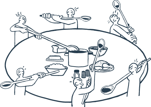 graphic depicting a group of people sitting around a table with food in the center struggling to feed themselves with very long spoons