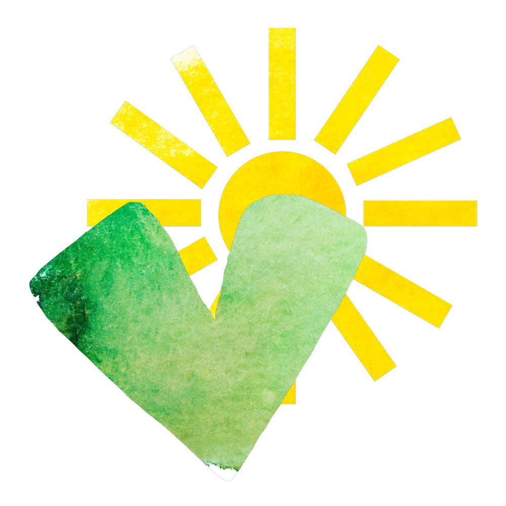 Watercolor of a yellow sun and green heart.