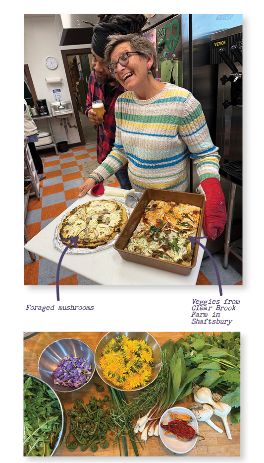 A collage of two pictures. One picture shows to people smiling, holding up handmade pizzas. The second pictures shows pizza toppings laid out on a table, including ramps, mushrooms, edible flowers, meat, and more.