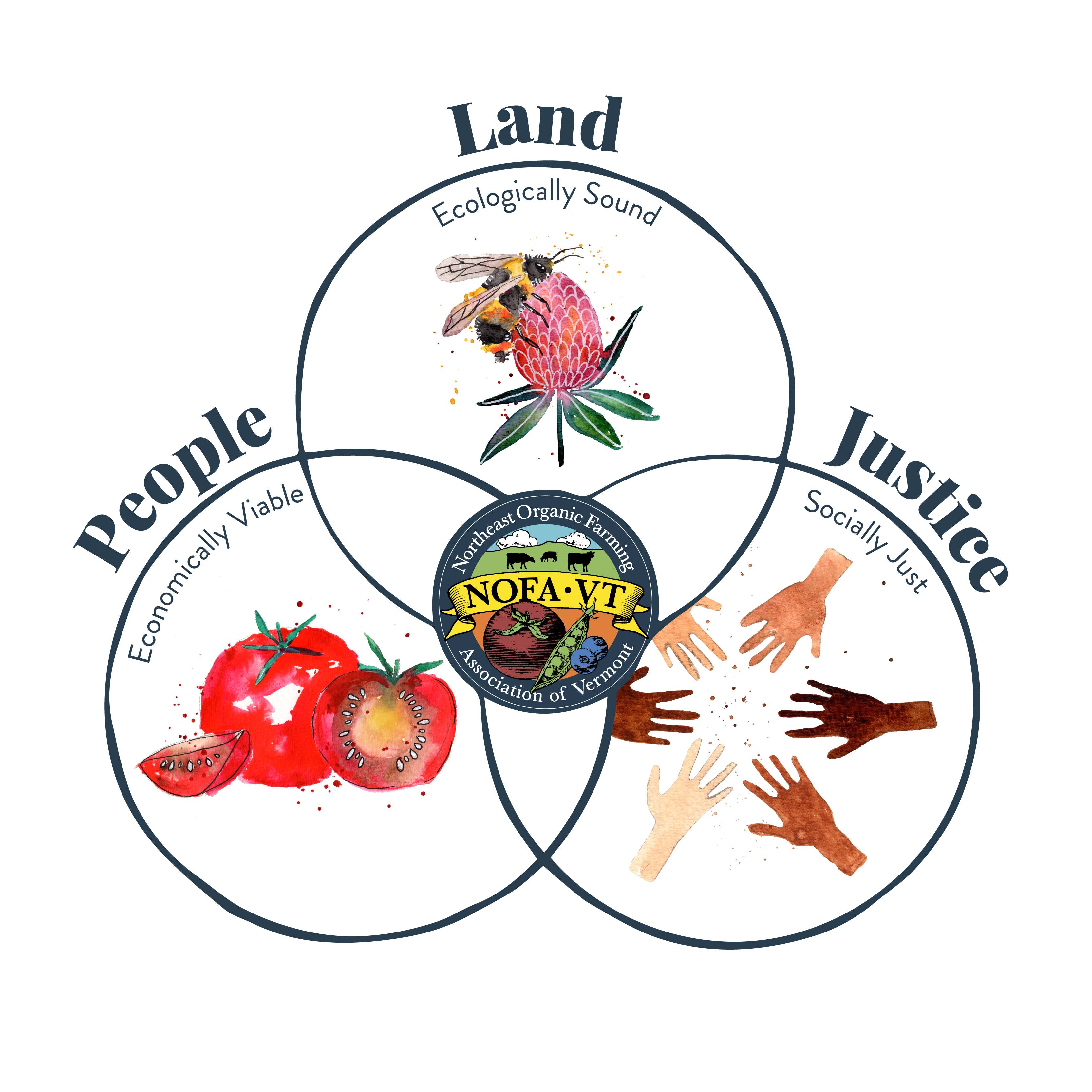 A vin diagram depicting NOFA-VT's logo at the center with overlapping circles containing a tomato and the word "people", a clover with a bee on it and the word "land", and a series of hands in a circle with the word "justice."