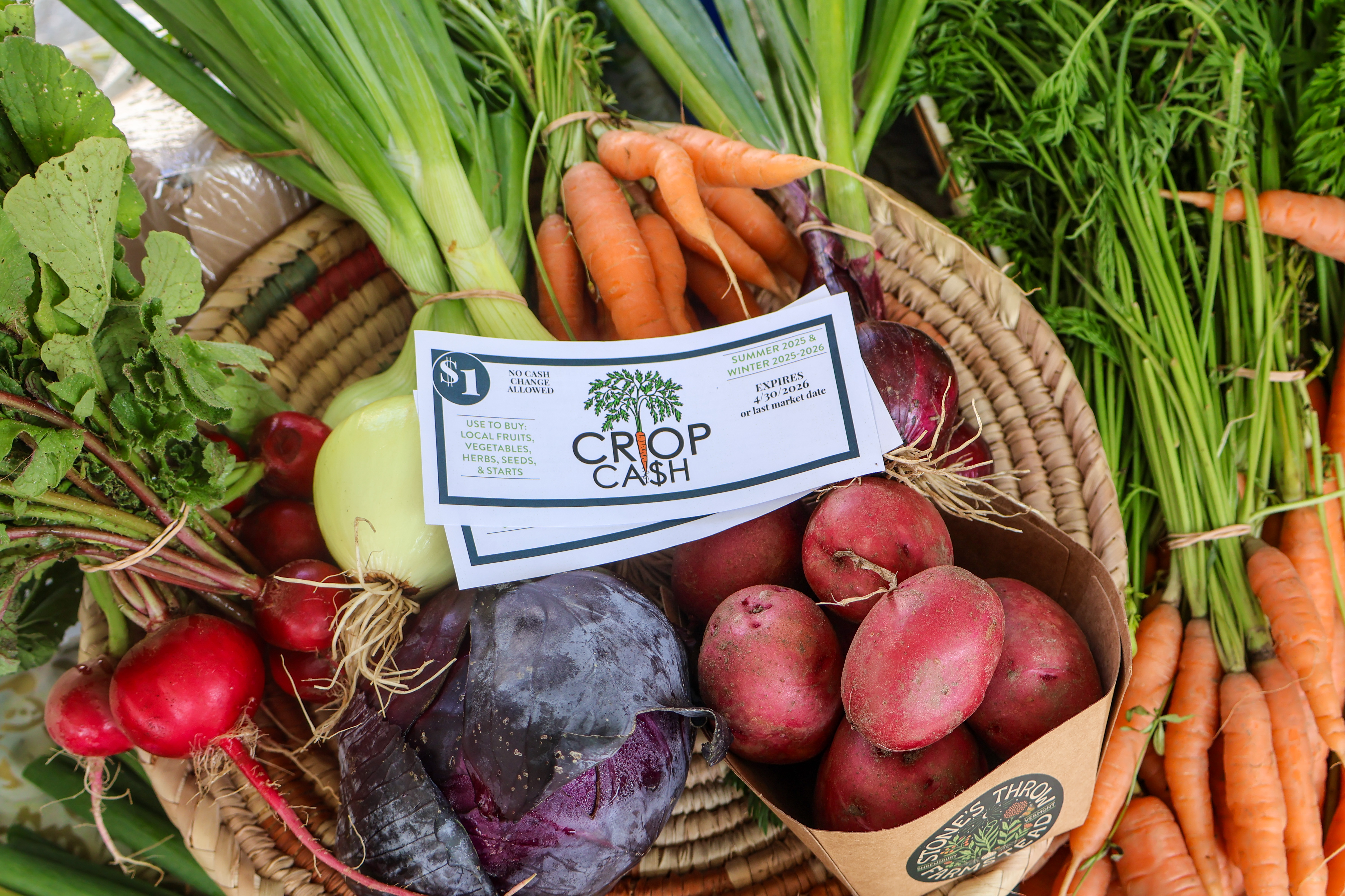 NOFA-VT Crop Cash coupons fanned out over a colorful display of farmers market veggies at Stone's Throw Farmstead's booth at the Vermont Farmers Market in Rutland