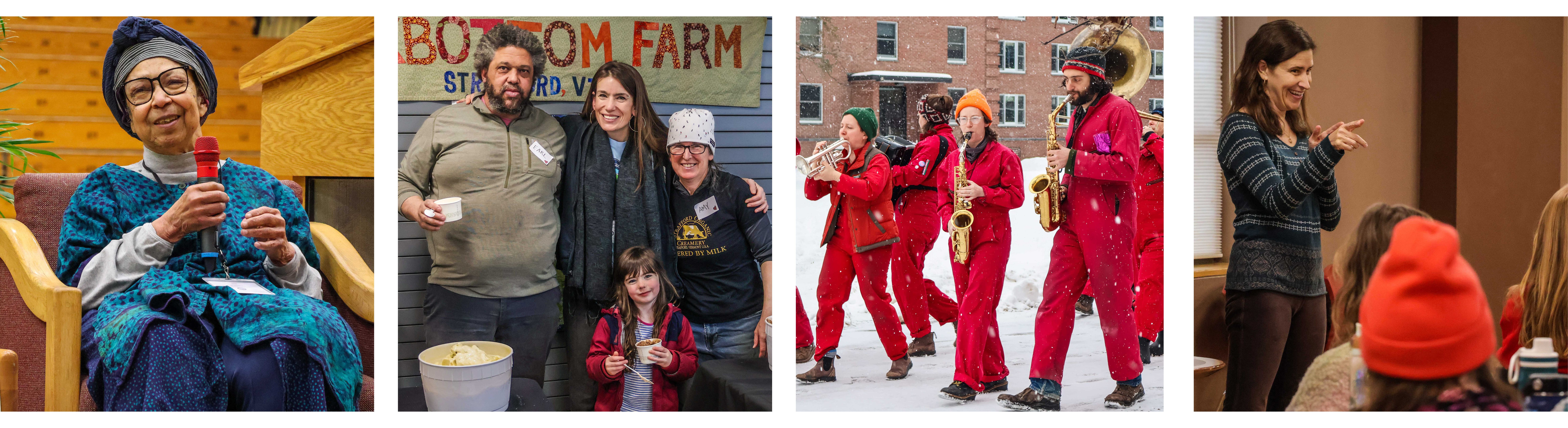 A collage of images from the 2026 Winter Conference, including a photo of keynote speaker, Ira Wallace, a group photo of NOFA-VT Executive Director Grace Oedel pictured with Earl Ransom and Amy Huyffer as they served free Strafford Organic Creamery Ice Cream, a photo of several members of the Brass Balagan in bright red jumpsuits leading a parade between buildings, and an instructor in a workshop fielding a question from an attendee