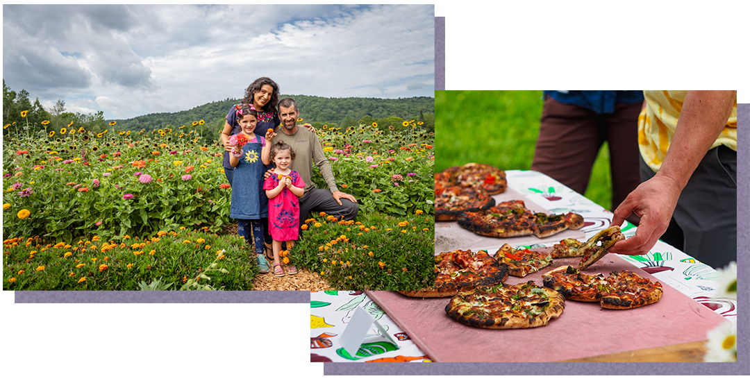 A family smiles in a flower field