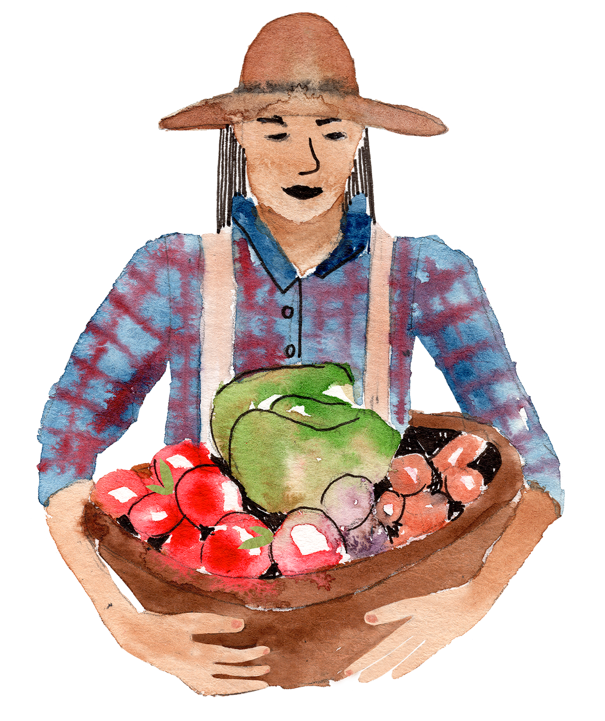 watercolor of a farmer holding a basket of veggies