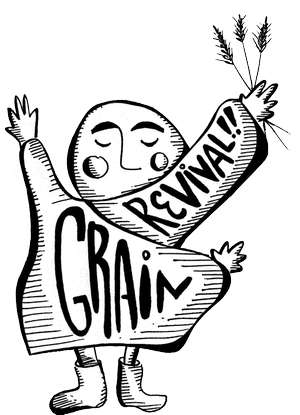 drawing of person holding grain with words "grain revival"