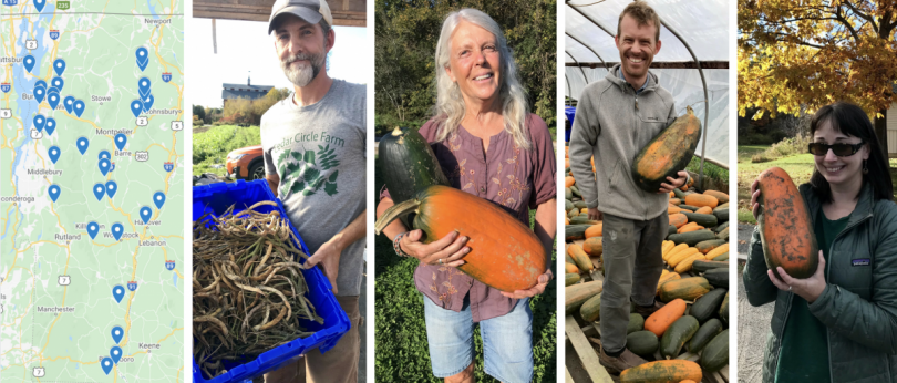 Map of grower locations, growers pictured: Shawn from Cedar Circle Farm in Thetford; JoAnne from Common Roots in S. Burlington; Peter from Healthy Roots/West Farm in Westford; Alison from Upper Valley Land Trust in Norwich.