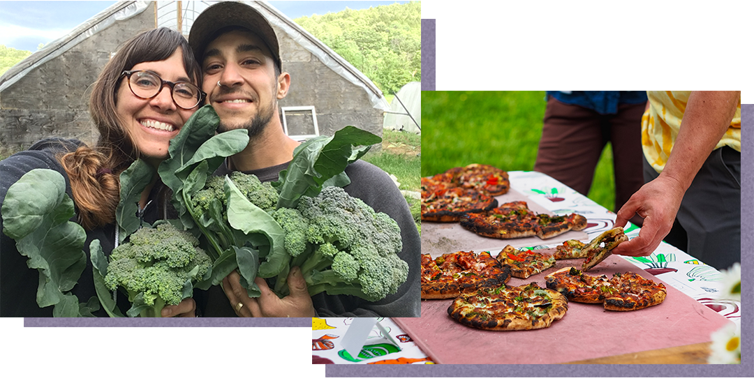 Two people hold veggies up, smiling