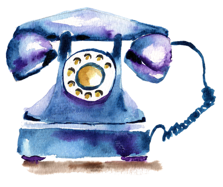 a watercolor-style graphic depicting a blue rotary telephone