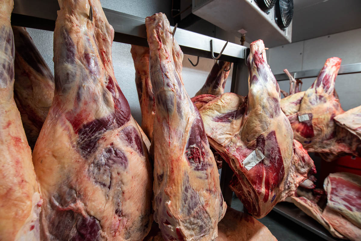 Meat hangs in a butchery