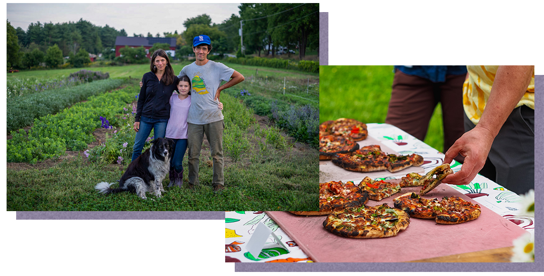 Two adults, a child, and a dog pose in a farm field