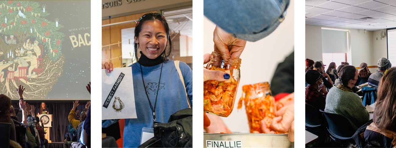 Collage of four photos from Winter Conference, showing the opening speech in a large ballroom, a person holding up hand printed art, hands mixing kimchi, and a classroom full of students.