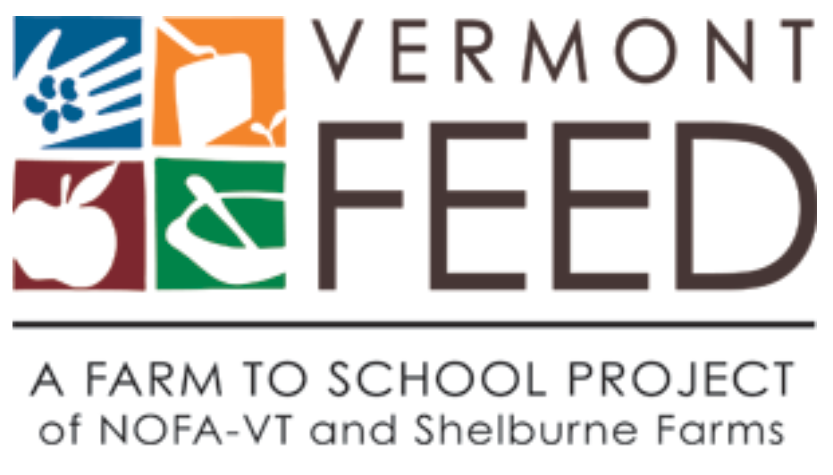 Logo for Vermont FEED showing icons of a hand holding seeds, a garden tool, and apple, and a bowl. It also reads "A farm to school project of NOFA-VT and Shelburne Farms"