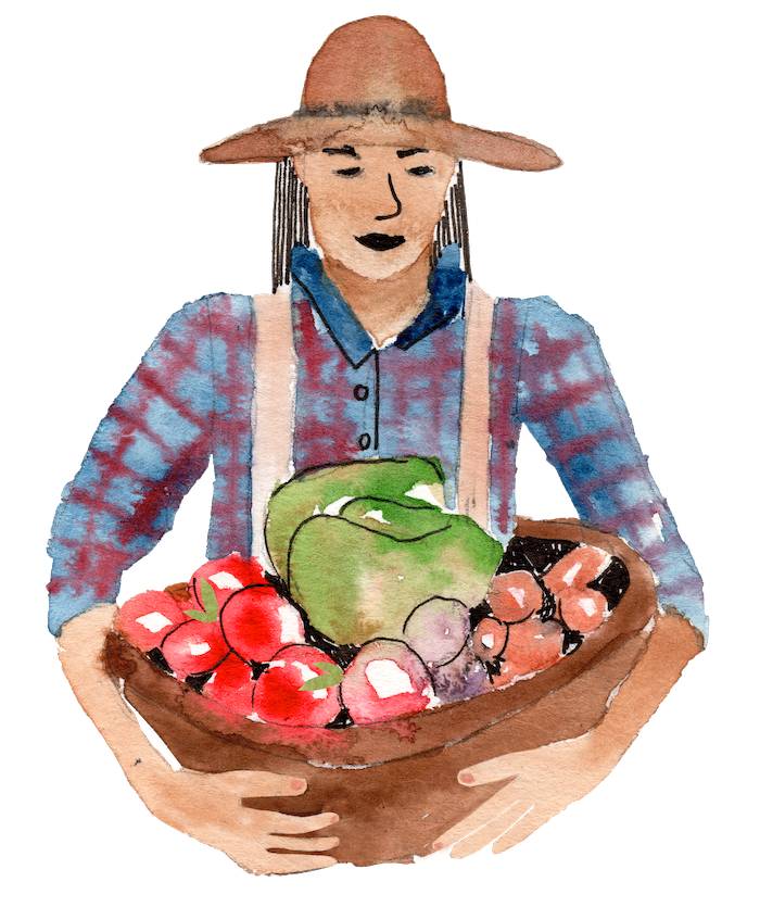 Watercolor of a farmer with long black hair, a wide brown hat, and a checkered shirt carrying a large bowl of produce.