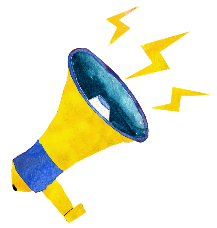 Watercolor of a yellow and blue megaphone with yellow zig zags emanating from it.